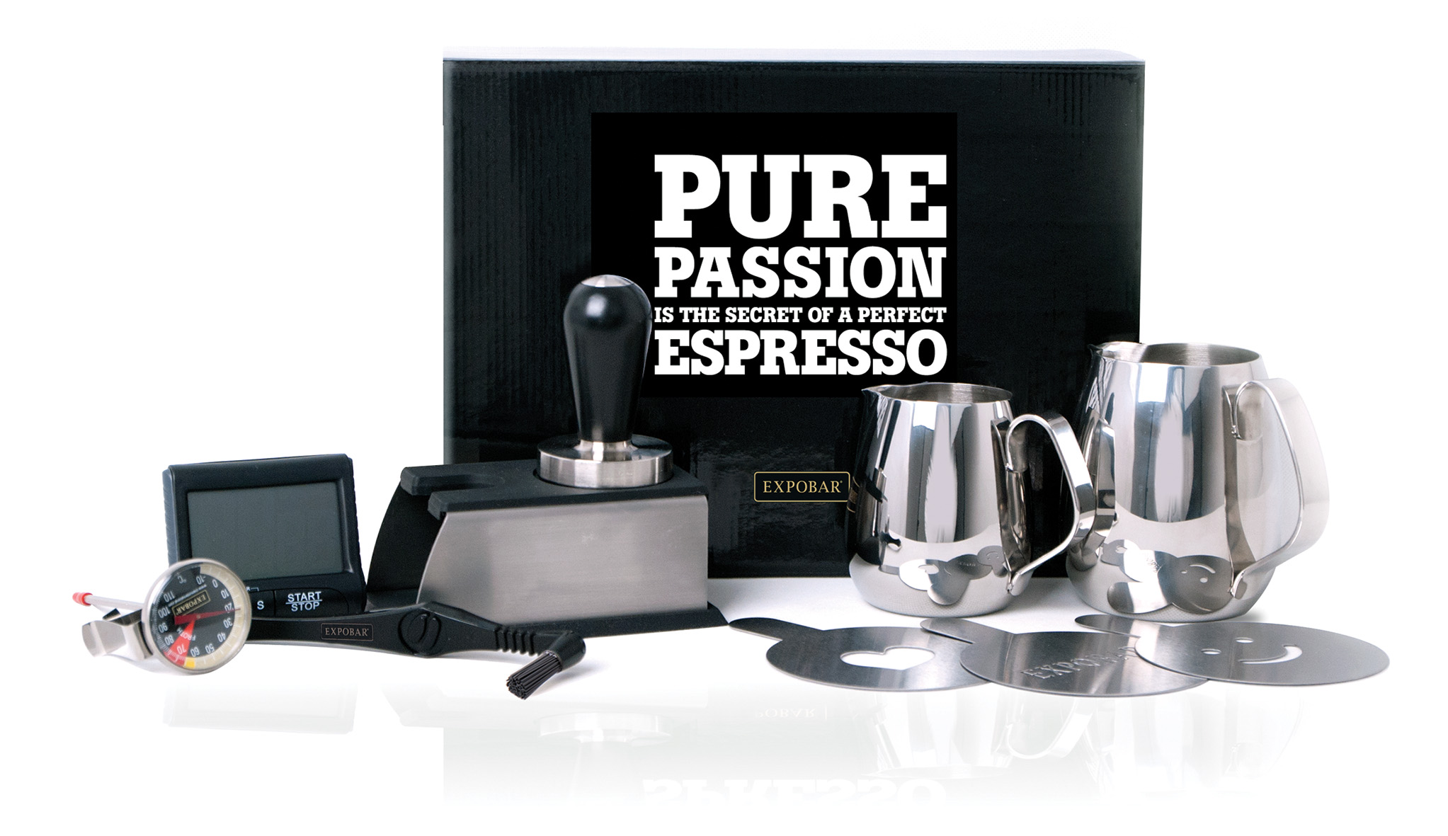 Barista kit, 2 kannor, termometer,borste,tamper,
tampermatta, digitalt ur