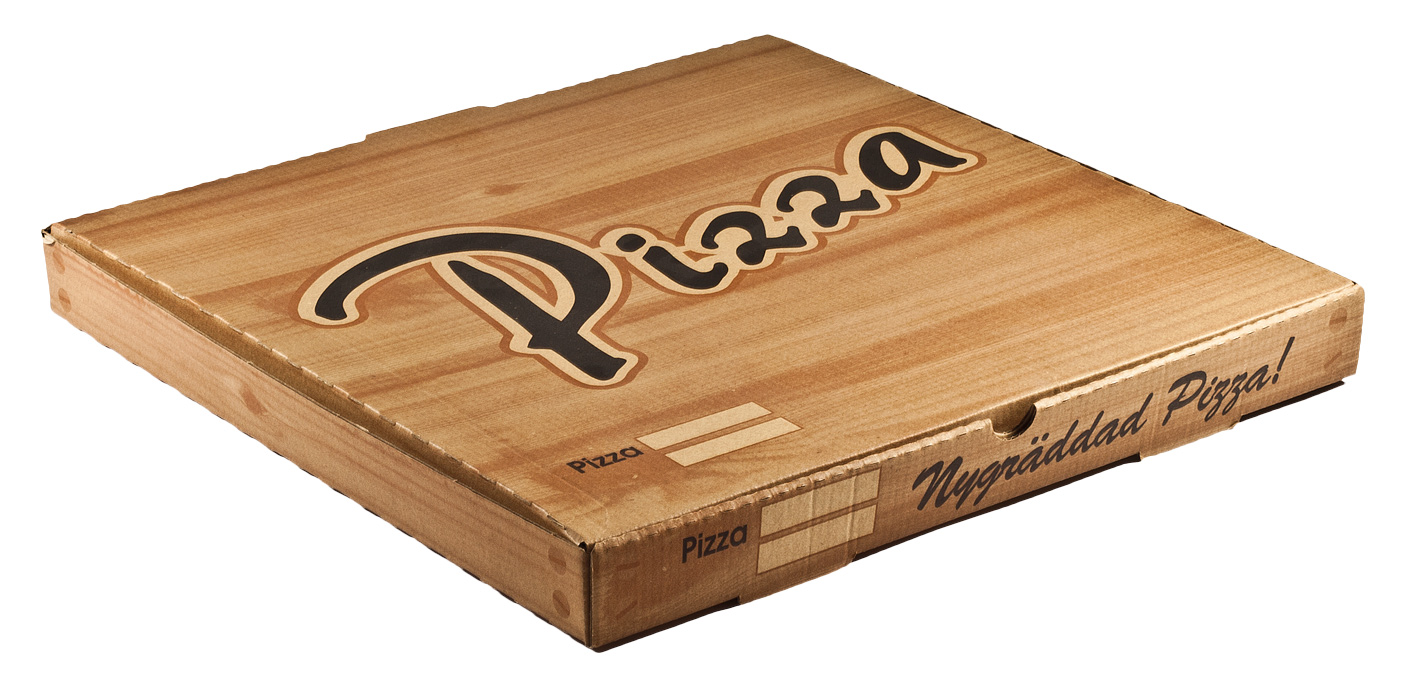 Pizzakartong  Wellpapp 33x33x3,5cm Brun med
tryckt text