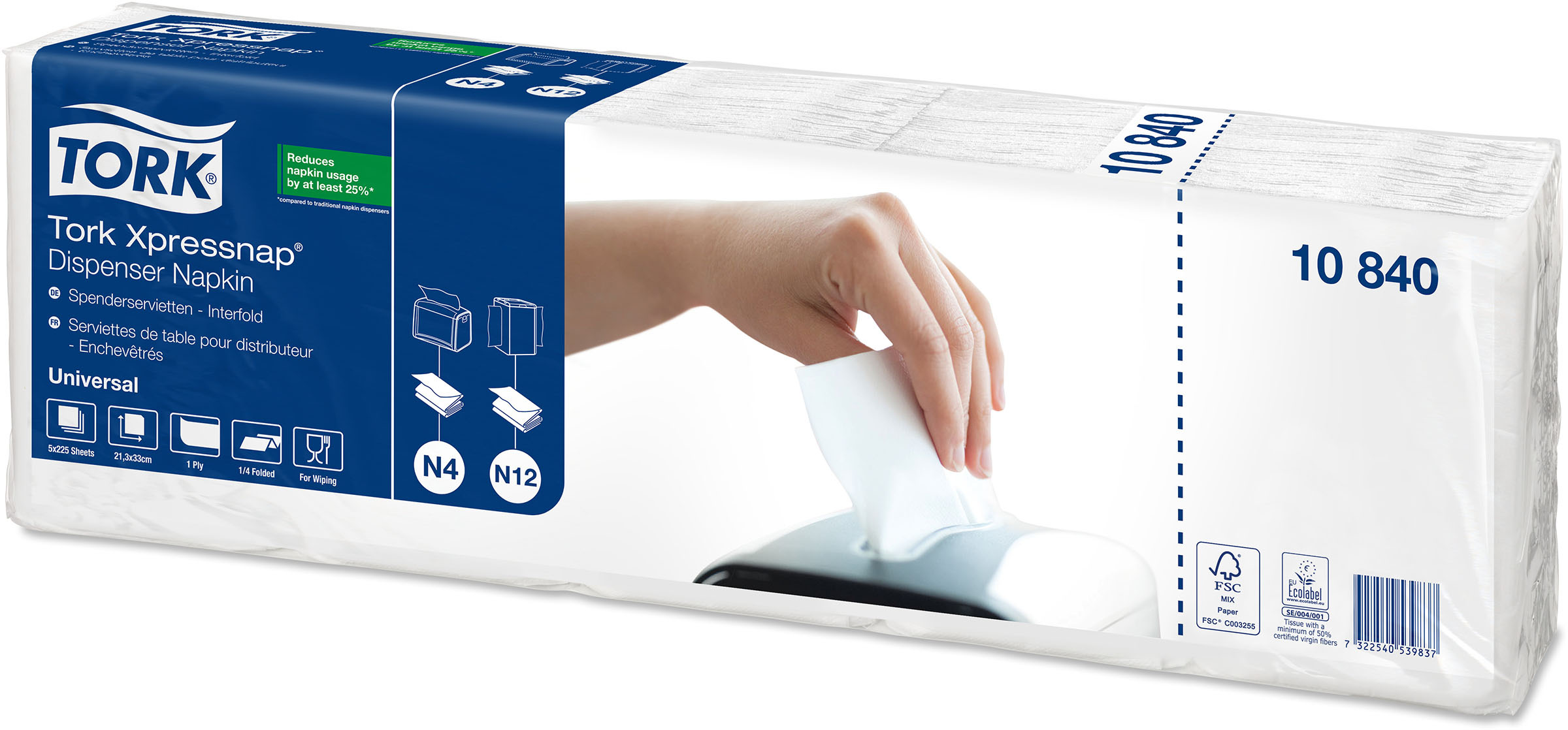 Dispenserservett N4 universal 1/4-vikt 1-lag
21,3x33cm vit