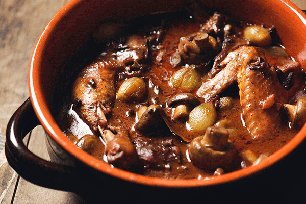 Coq au vin.